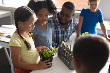 African american young male teacher looking at multiracial elementary students analyzing plants