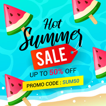 Summer sale promo code vector design. Summer beach with watermelon ice pops flat design .