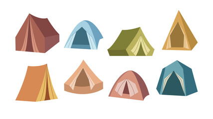 Set of tourist tents on white background. Vector illustration camping shelters for hiking, mountaineering, adventure travel, recreation in cartoon style.