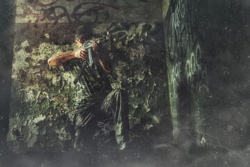 Airsoft svintageier in the vintage industry building. Old photo effect.