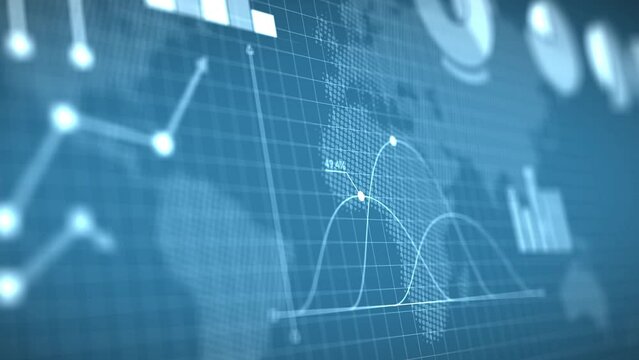 Pan shot of business statistics display with financial charts and world map on background, 4k animation.