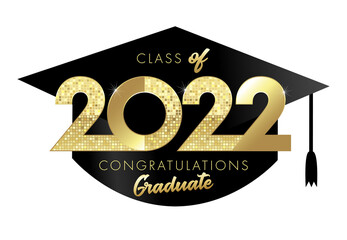 Graduating icon or badge. Class of 2022 year graduation. Class off logo concept, shiny gold lettering. Numbers 20, 22 with square cylinder. Isolated abstract graphic design template. Creative congrats - obrazy, fototapety, plakaty