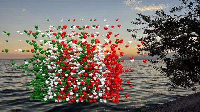 Tramonto sul Lago di Garda con animazione cuori colore Italia 