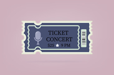One concert ticket  3d. A paper pass to enter a park, club, cinema, theater, attraction, party or show. Access to view an entertainment event or event. Leisure concept, tickets with a barcode. Vector