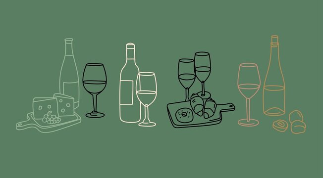 Bottles and glasses of sweet and dry Wine. Wine, wooden plates with cheese, fruits, croissant. Traditional wine snacks. Hand drawn colored outline Vector illustration. All elements are isolated