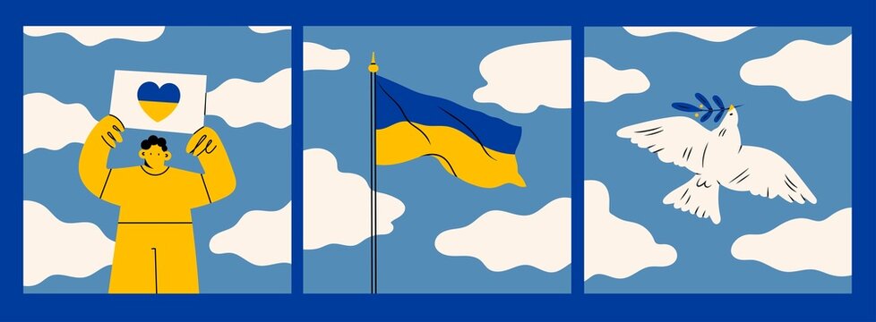 Person standing and holding placard. Blue cloudy sky and Ukrainian Flag. Dove of peace. Stand with Ukraine. Save Ukraine from russia. Peace, democracy, freedom concept. Hand drawn Vector illustrations