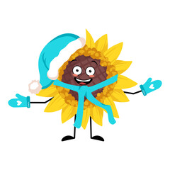Sunflower character in Santa hat with happy emotion, joyful face, smile eyes, arms and legs. Plant person with expression, yellow sun flower emoticon. Vector flat illustration