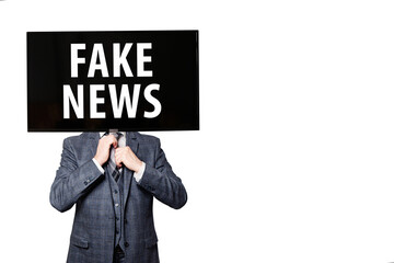  Fake news concept. Man with tv head on white background