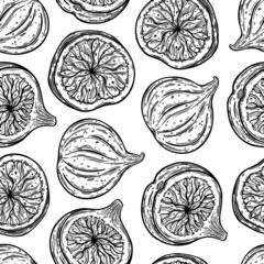 Figs seamless vector pattern. Ripe garden fruits whole, half, round slice. Sketch of summer dessert with tasty pulp, seeds. Monochrome outline of exotic plant. Hand drawn botanical background