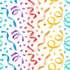 Seamless repeatable pattern of colorful streamers and confetti in various colors: blue, purple, red, orange, yellow, green. Festive background for party, poster, card. Hand painted watercolor drawing.