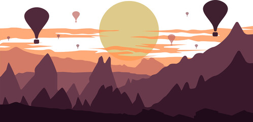 Sunset silhouette. Balloons.background vector nature nature illustration hillscape Mining preview design Picnic Graphics Decoration of the sky