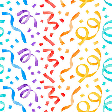 Seamless repeatable pattern of colorful streamers and confetti in various colors: blue, purple, red, orange, yellow, green. Festive background for party, poster, card. Hand painted watercolor drawing.