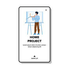 Home Project Drawing Architect In Office Vector. Home Project Draw Man Worker With Equipment, Apartment Or House Construction Plan. Character Develop Building Web Flat Cartoon Illustration