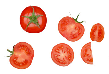 Tomato and tomato slices isolated on a white background, top view