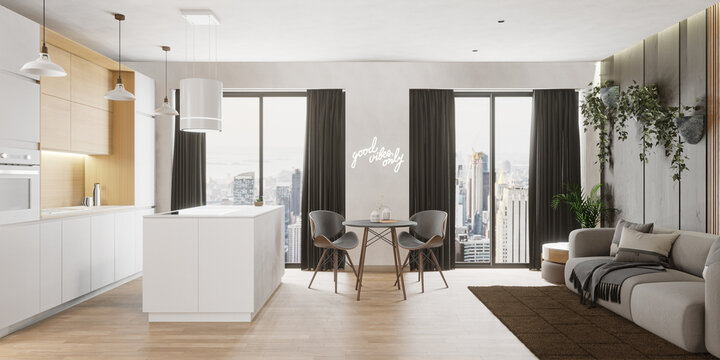 Panorama shot of a modern living room/kitchen. 3d render.