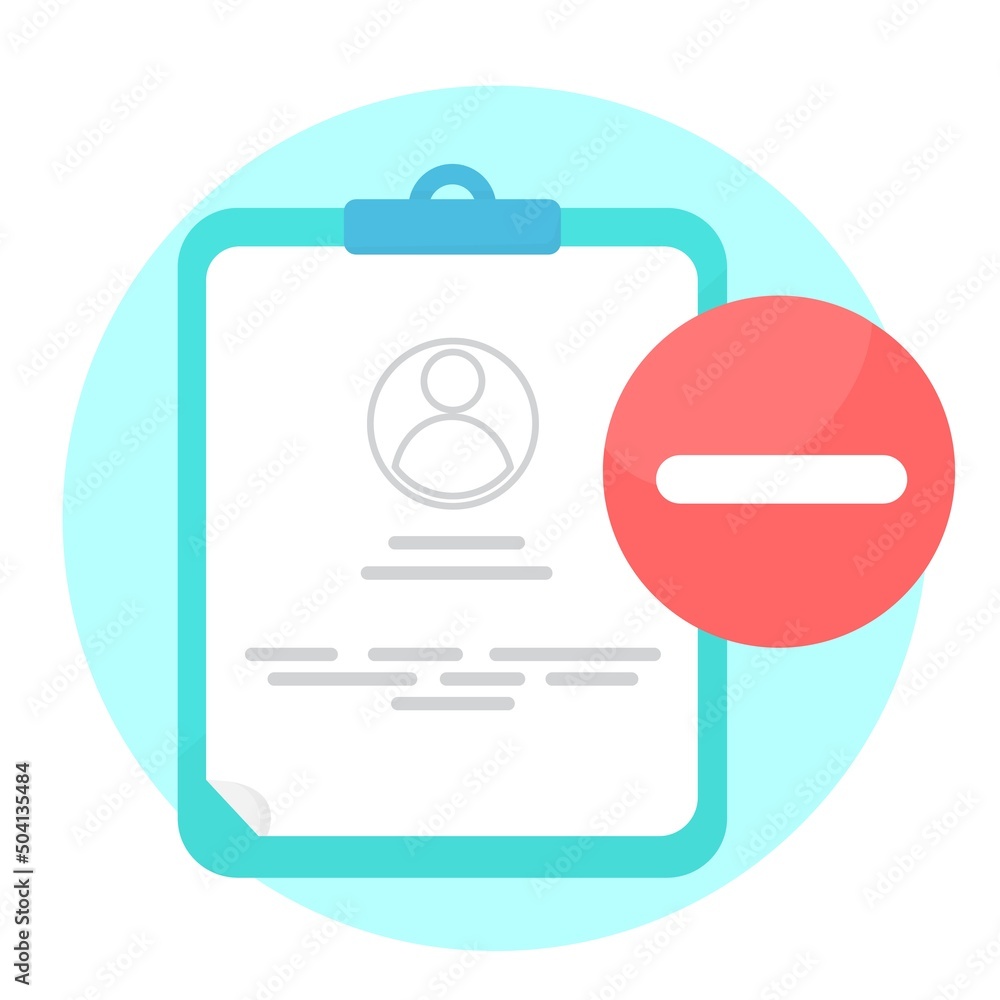 Poster blue tablet with personal file, card, patient file. customer, user and sign of minus on red сircle. 