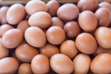 Pile of fresh eggs put on a wooden tray in Suki Shabu and grill restaurant. It is a high protein source of food and good for health.