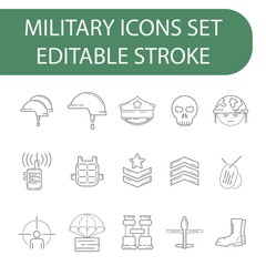 Fototapeta na wymiar Military and war line icons set. Outline vector sign, linear style pictogram isolated on white. Symbol, logo, illustration. Editable stroke.