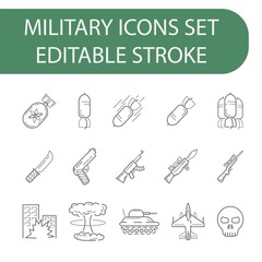 Military and war line icons set. Outline vector sign, linear style pictogram isolated on white. Symbol, logo, illustration. Editable stroke.