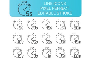 Stopwatch tine line icons set, with diferend little time icons, editable stroke. pixel perfect