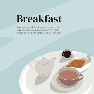 French style breakfast vector illustration. Drink cup of coffee and eat croissant. Espresso, teapot herbal or floral tea on table. Morning food in street cafe. Text banner, art poster, design template