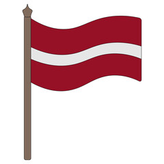 Flag of Latvia. Vector illustration. The fabric is decorated with three stripes. The national symbol of the state develops in the wind. Cartoon style. Isolated background. Political themes. 