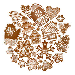 Vector Set of Christmas Gingerbread Cookies in form of houses, mittens, Christmas trees and snowflakes. Use for poster, design, print, pattern and stickers.