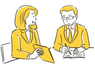 会社員にタブレットで説明する女性