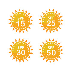 Set of sun protection UV index, SPF 50, SPF 30, 25, 15, vector, icons.