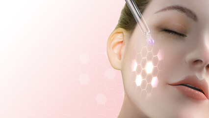 Shows the function of serum and vitamins that enter the skin. and provide moisture to the skin in 3D