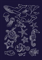 Set of decorative aquatic animals, fish, jellyfish isolated on blue in line style. Collection of marine, oceanic inhabitants of the underwater world for posters, postcards. Cartoon vector illustration