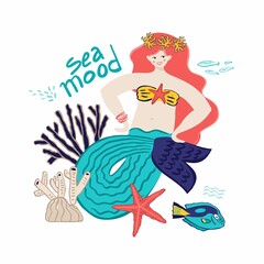 Fototapeta premium Cheerful mermaid with corals, starfish, lettering sea mood isolated on white. Banner concept about sea tales, a magical underwater world for postcards, posters, parties. Cartoon vector illustration