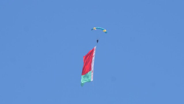 paratroopers in the sky on the May 9 Victory Day in Mogilev, Belarus 2022
