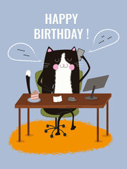 Cute Happy birthday card. Hand Drawn card for birthday, anniversary, party invitations. Vector illustration. Succesful cat postcard.