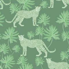 Safari background. Jungle wild seamless pattern with leopard, palm leaves. Isolated elements. Summer print. Exotic wallpaper.