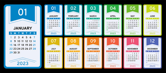 Calendar 2023 year. Vector colorful calender template. Infographics design