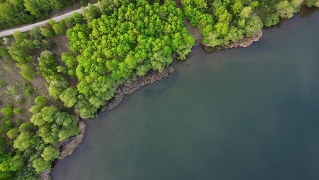 aerial shot of the bank of Lake Olbersdorf (Olbersdorfer See) in Germany. Lake Olbersdorf is a flooded coal pit located near Zittau close to the polish and Czech border