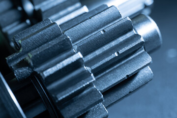 Gears in a gearbox. Transmission mechanics. teamwork.