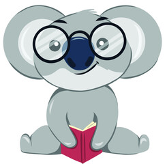 Koala bear wearing glasses and reading a book. Anthropomorphized koala sitting and smiling.