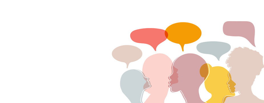 Man and woman head silhouettes with colorful speech bubbles	