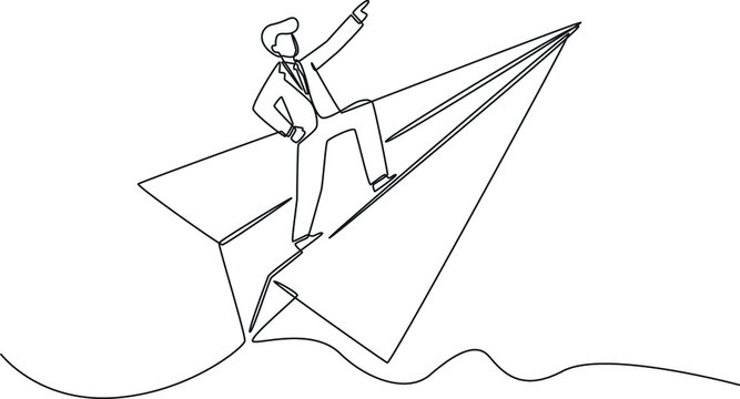 Continuous one line drawing  young smart business man flying and standing on paper airplane when growth business. Single line draw design vector graphic illustration.