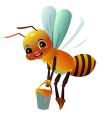 Happy bee. Bears honey. Wildlife object. Little funny insect. Cute cartoon style. Isolated on white background. Vector
