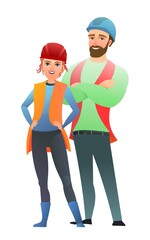 Man and woman builder in vest and protective helmet. Guy worker. Cheerful person. Standing pose. Cartoon comic style flat design. Single character. Illustration isolated white background. Vector