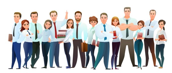Fototapeta na wymiar Family of Successful businessman. Cheerful persons in standing pose. Man and women with kids in business shirt tie. Cartoon comic style flat design. Separate character. Illustration isolated. Vector