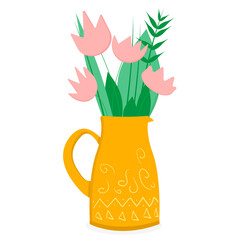 Jug with flowers and leaves in a flat style