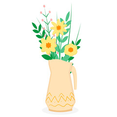 Jug with flowers and leaves in a flat style