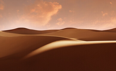 Panorama of sand dunes Sahara Desert at sunset. Endless dunes of yellow sand. Desert landscape...