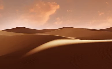 Keuken foto achterwand Bruin Panorama van zandduinen Sahara woestijn bij zonsondergang. Eindeloze duinen van geel zand. Woestijnlandschap Golven zand natuur