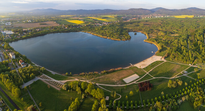 scenic Aerial view of a panorama of Lake Olbersdorf (Olbersdorfer See). This lake is a flooded former brown coal pit now a recreational lake near Zittau