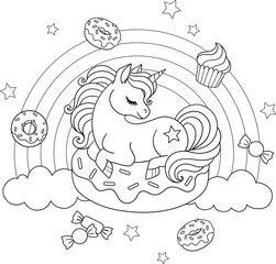 Cute unicorn sitting on a donut. Vector outline for coloring